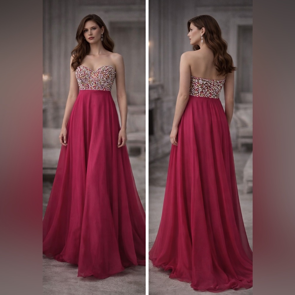 Jovani Hot Pink Strapless Beaded Gown | Size 14